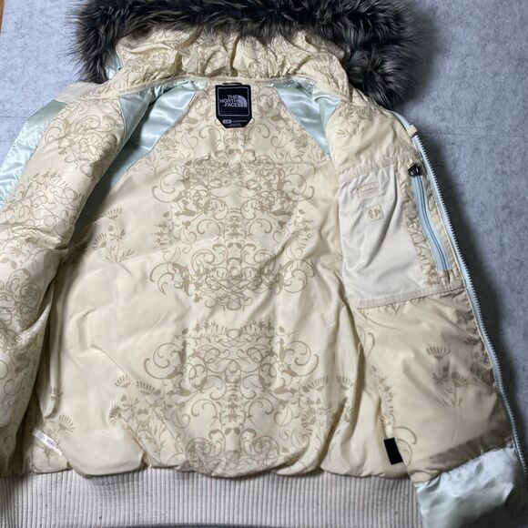 The North Face Womens 550 Down Blue Puffer Vest Hooded Faux Fur Large Zip Vintag - Picture 10 of 14